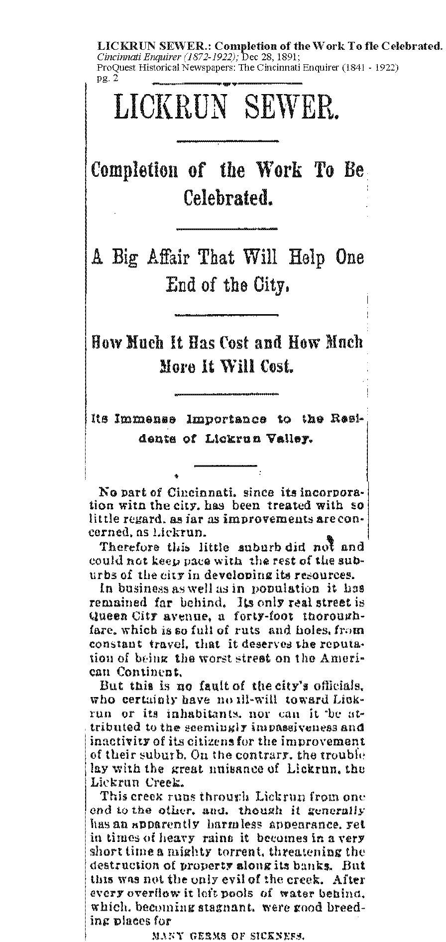 1891 Cincinnati Enquirer article on the Lick Run sewer